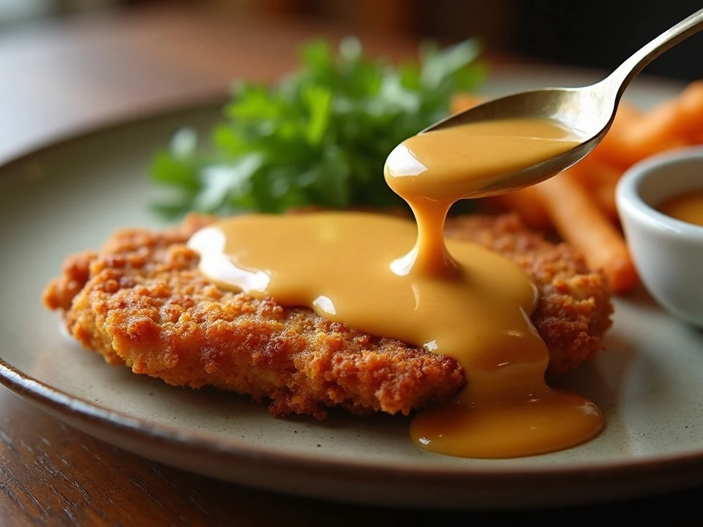 Crisp chicken fried steak reheated with warm country gravy