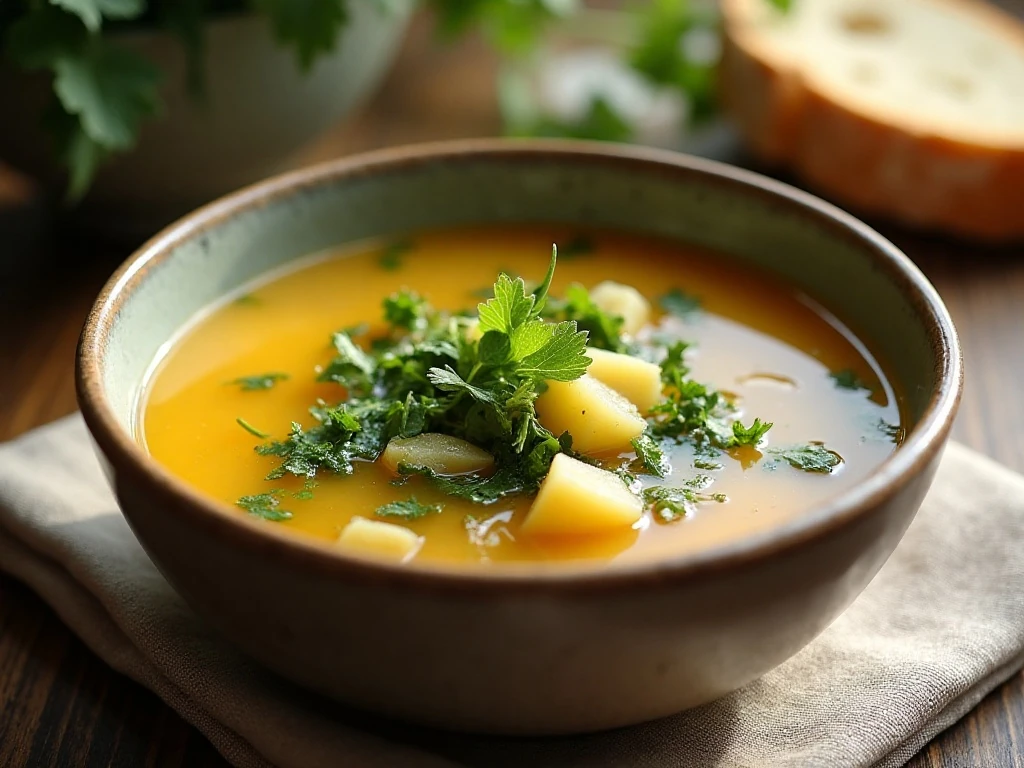 A rustic bowl of homemade dandelion soup with potatoes and tender greens