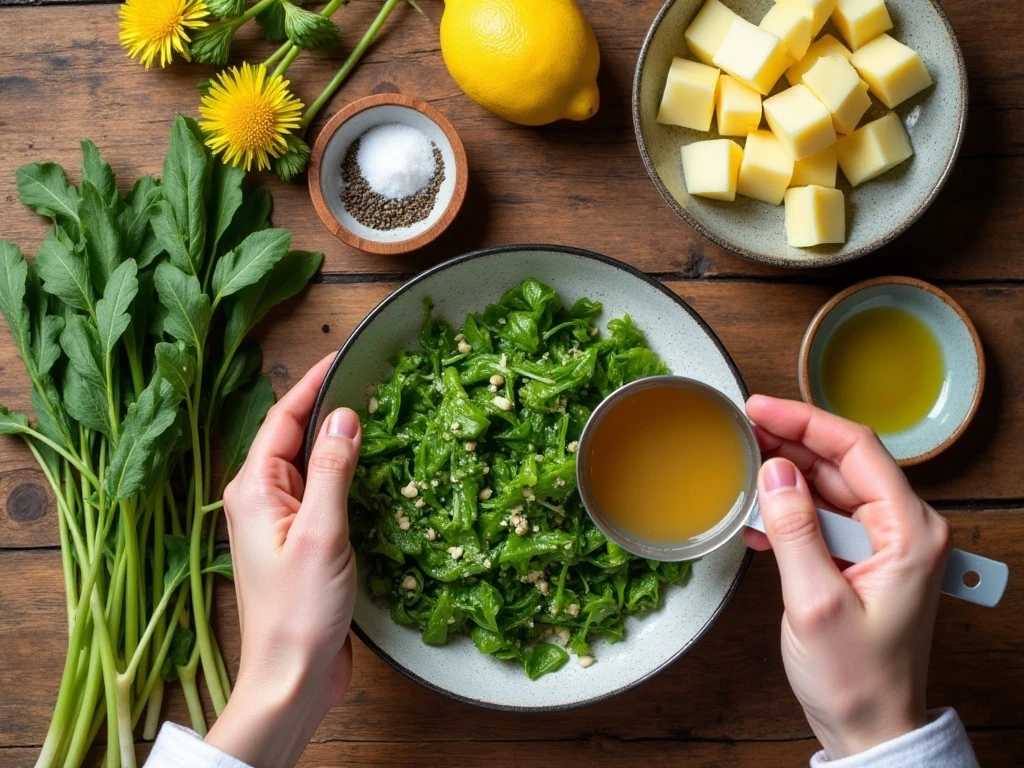 Ingredients for easy spring dandelion soup arranged on a kitchen table