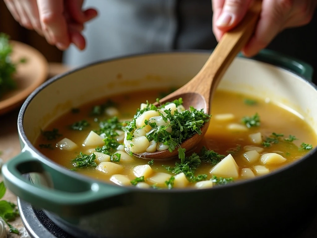 Dandelion greens being added to simmering potato soup