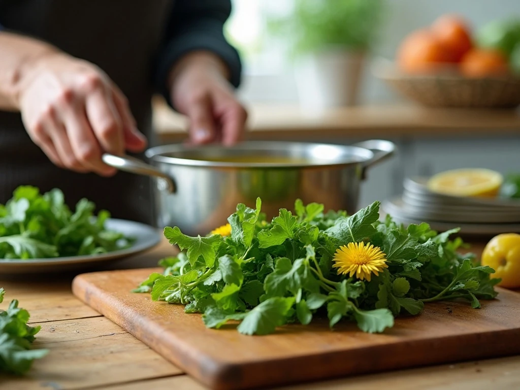 Fresh dandelion greens prepared for a spring soup recipe