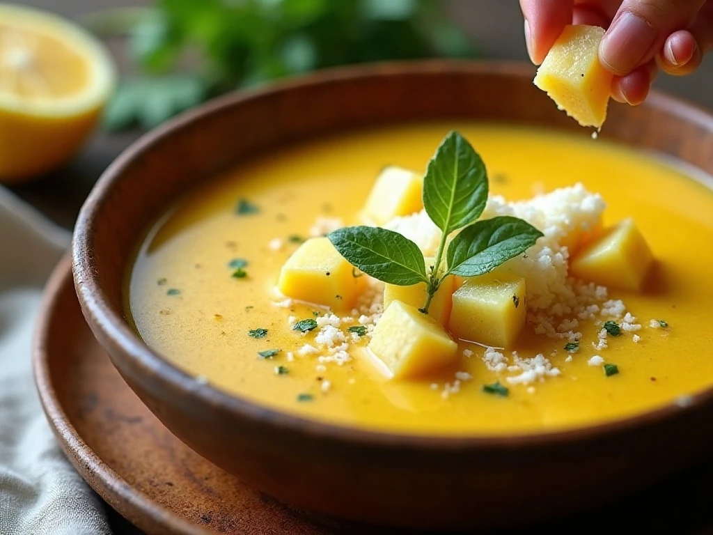 Dandelion soup finished with Parmesan and lemon