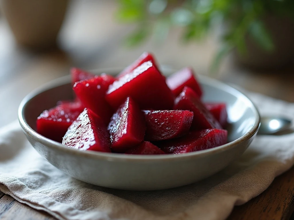 Homemade pickled beet wedges served in a rustic bowl