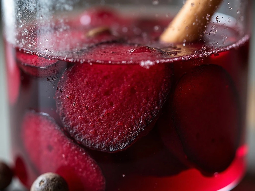 Spiced beet slices submerged in pickling brine