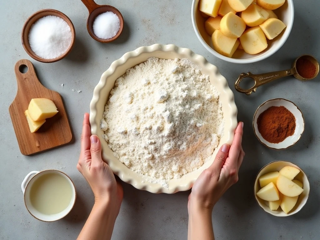 Ingredients for old-fashioned apple pie and flaky shortening crust