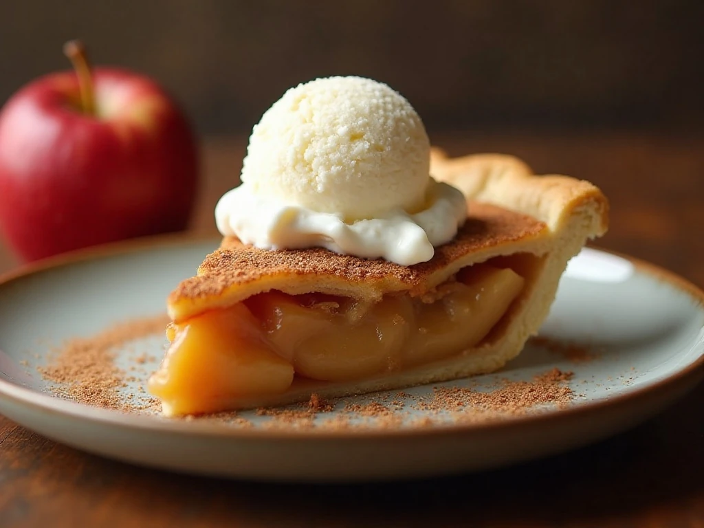 Slice of homemade apple pie served with vanilla ice cream