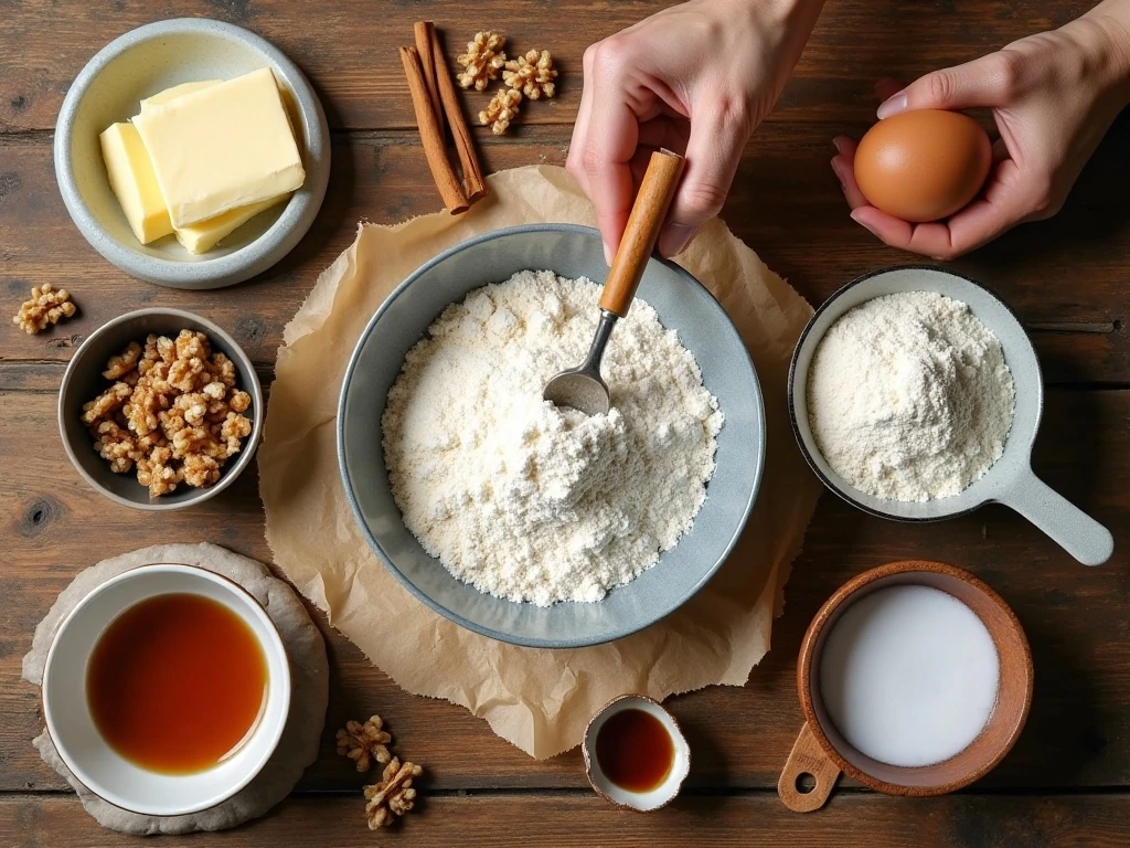 Ingredients for thin cinnamon-topped sand tart cookies