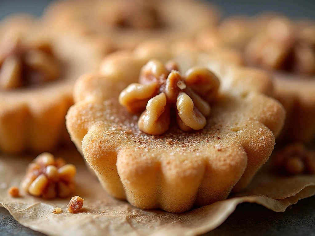 Close-up of crisp cinnamon sugar sand tart cookies with chopped nuts
