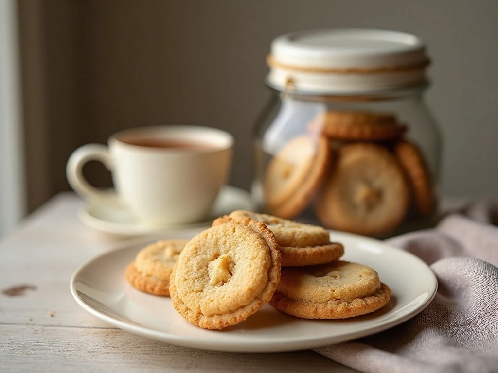 Sand tart cookies served with tea and stored in a glass cookie tin