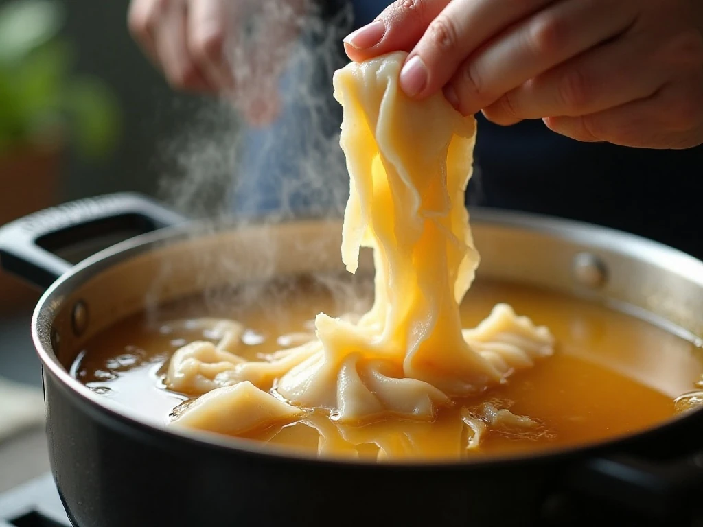 Thin rolled dumplings cooking gently in chicken broth