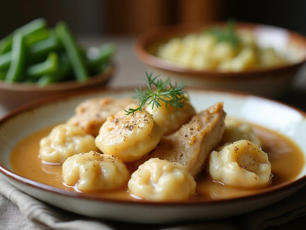 Chicken and dumplings served with simple vegetable sides