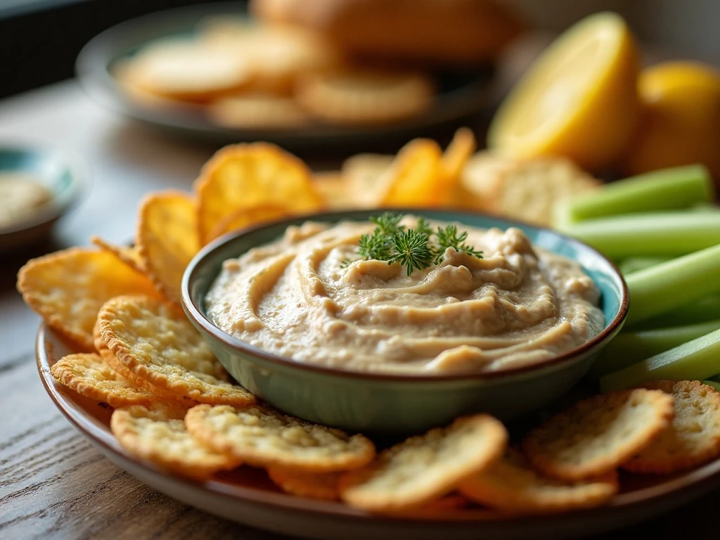 Grandma's classic tuna and chips dip served with potato chips and vegetables