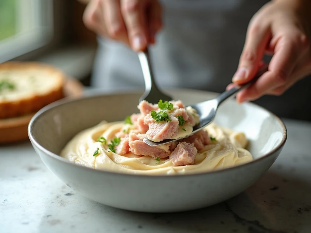 Mixing tuna and onion into the creamy dip base