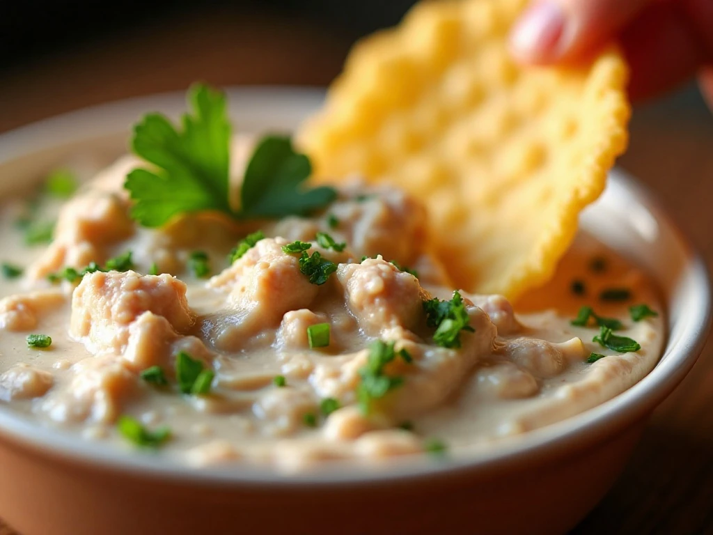 Close-up of creamy tuna dip with parsley and tuna flakes