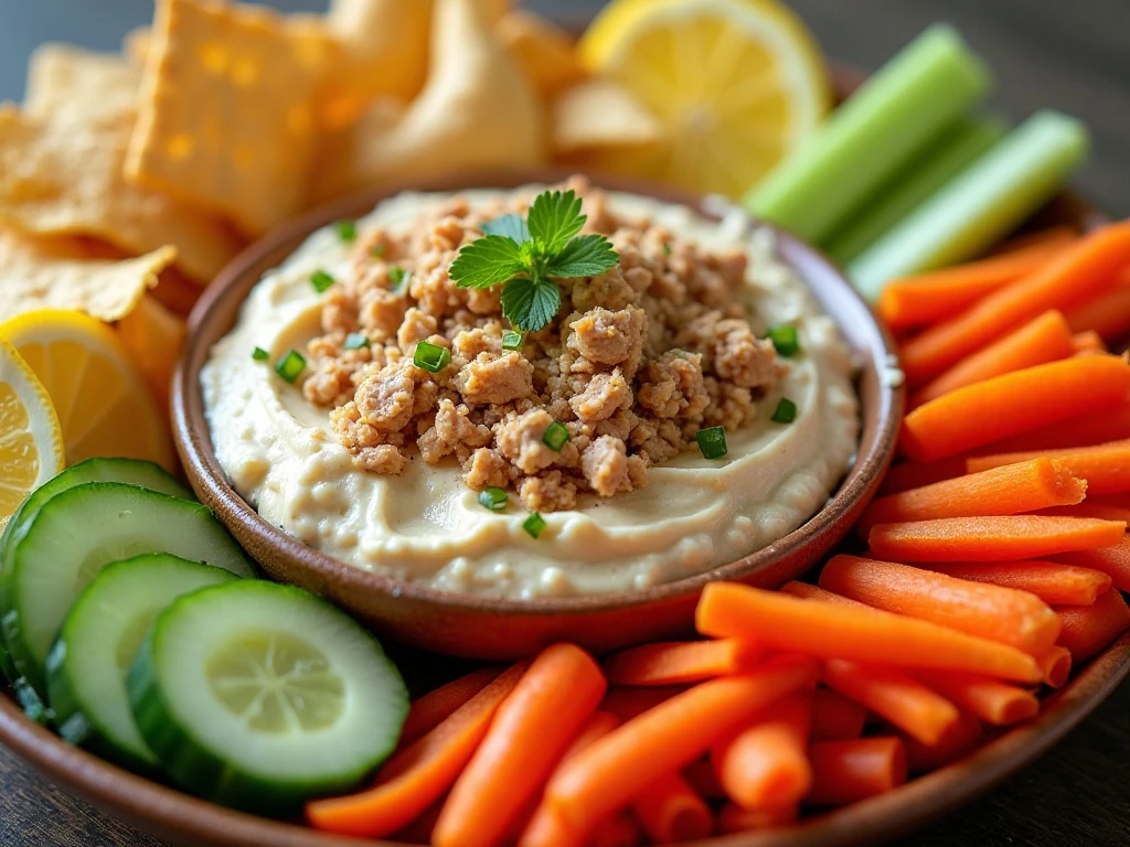 Tuna dip appetizer board with chips and fresh vegetables