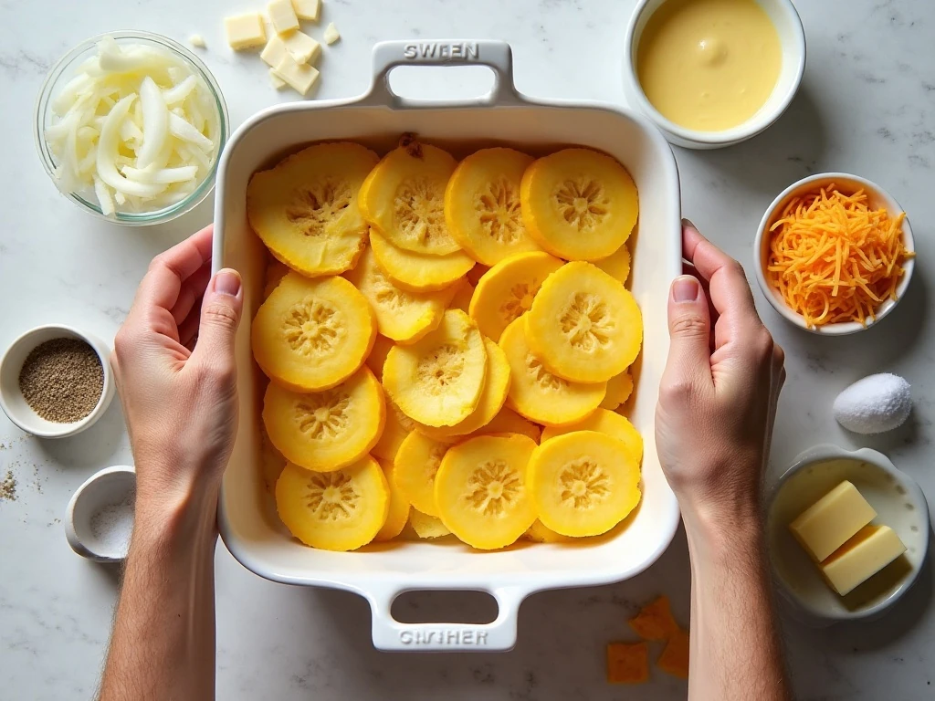 Ingredients for Grandma's yellow squash recipe arranged on a counter