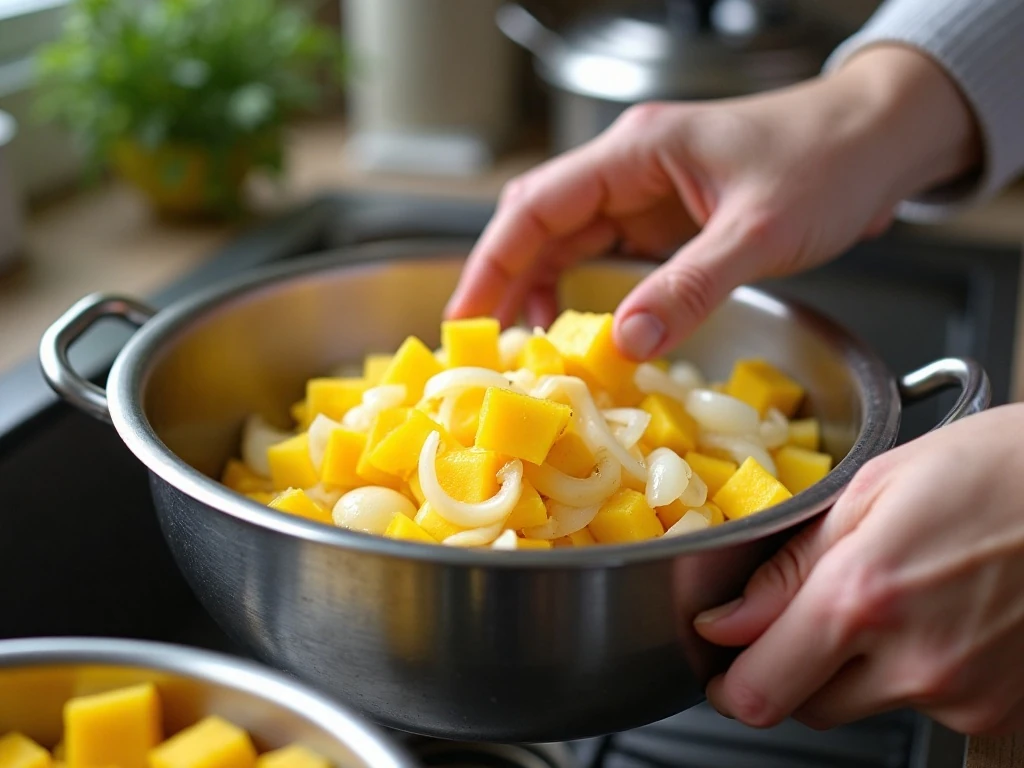 Draining cooked yellow squash and onion before making the casserole