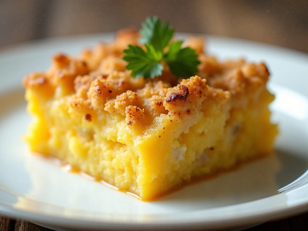 Close-up serving of warm yellow squash casserole with crisp crumbs