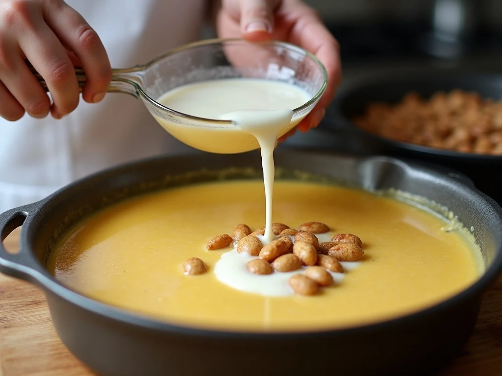 Preparing the Grape-Nuts custard for a water bath