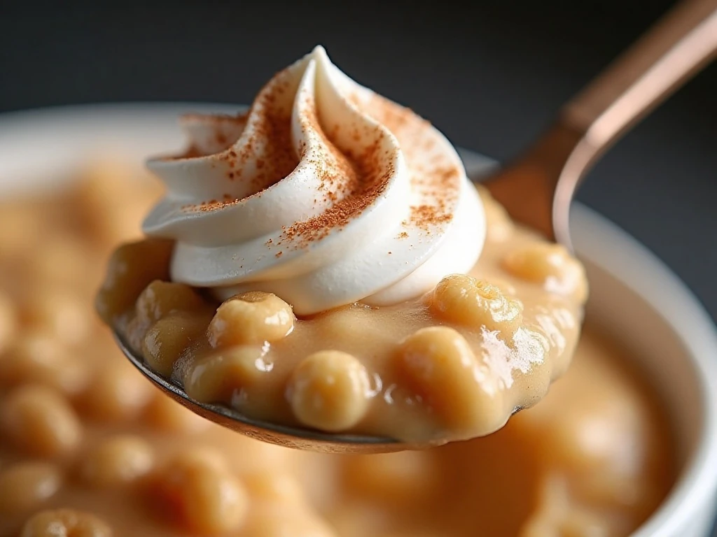 Close-up texture of Grape-Nuts pudding with cinnamon cream