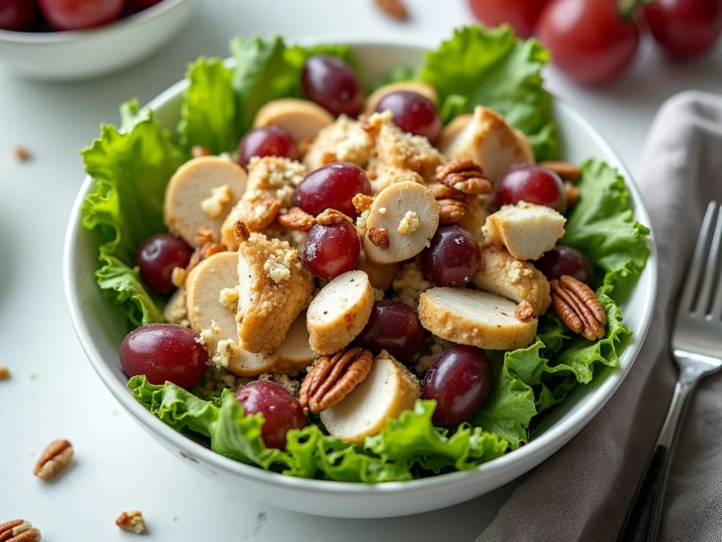 Creamy grape pecan chicken salad served over lettuce