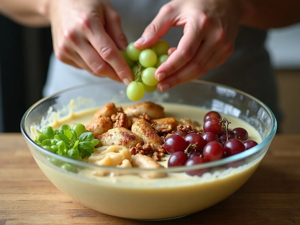 Mixing chicken salad with grapes, celery, pecans, and creamy dressing