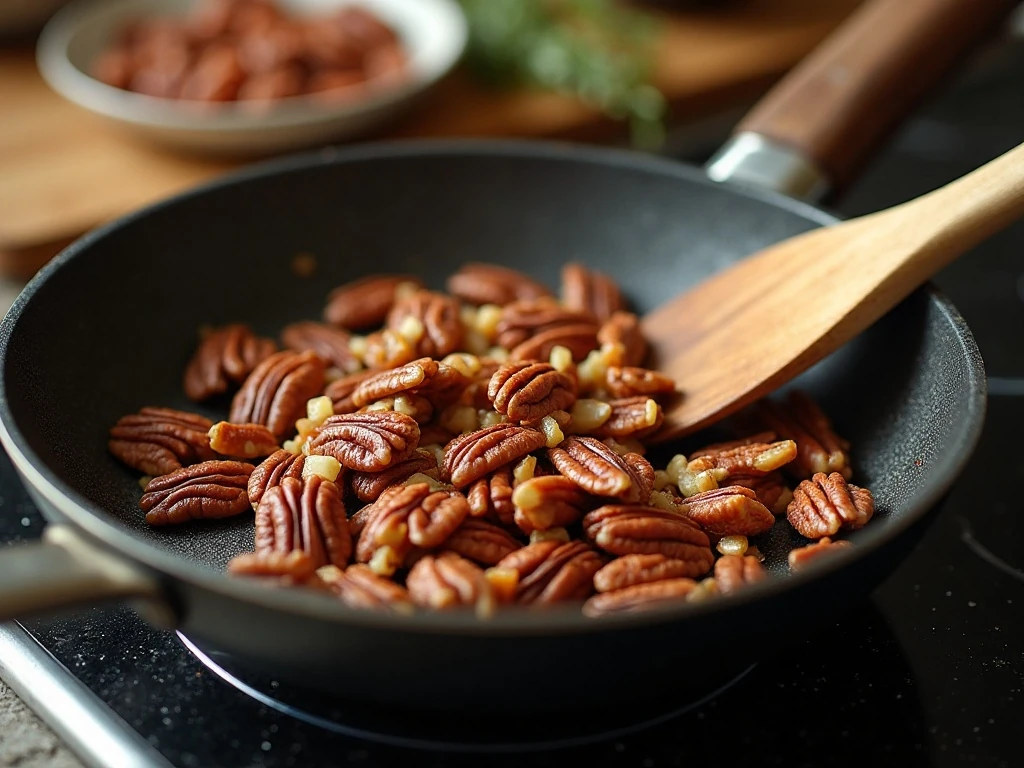 Toasting chopped pecans in a dry skillet