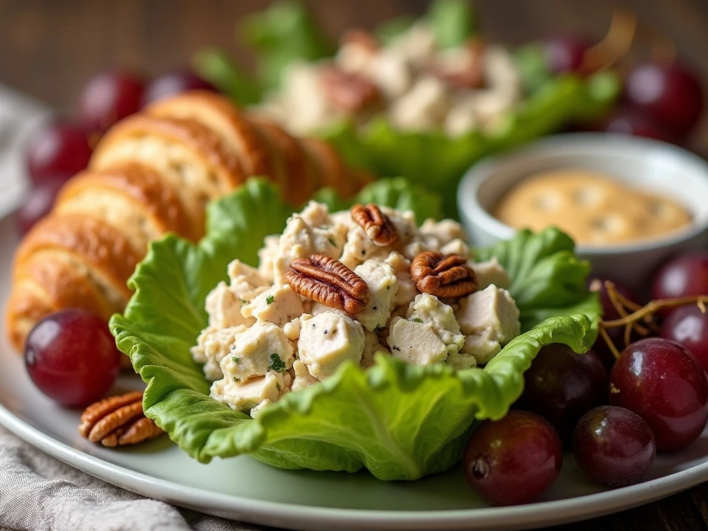 Chicken salad served in a croissant, lettuce cup, and with crackers