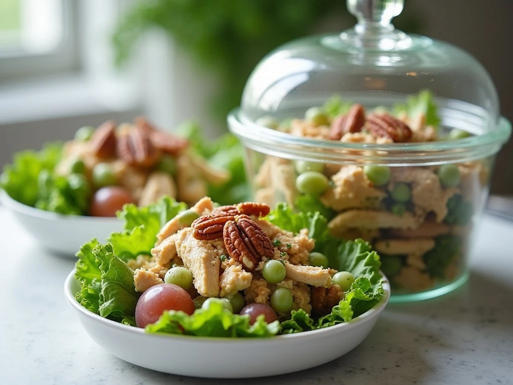 Chilled grape pecan chicken salad stored for meal prep