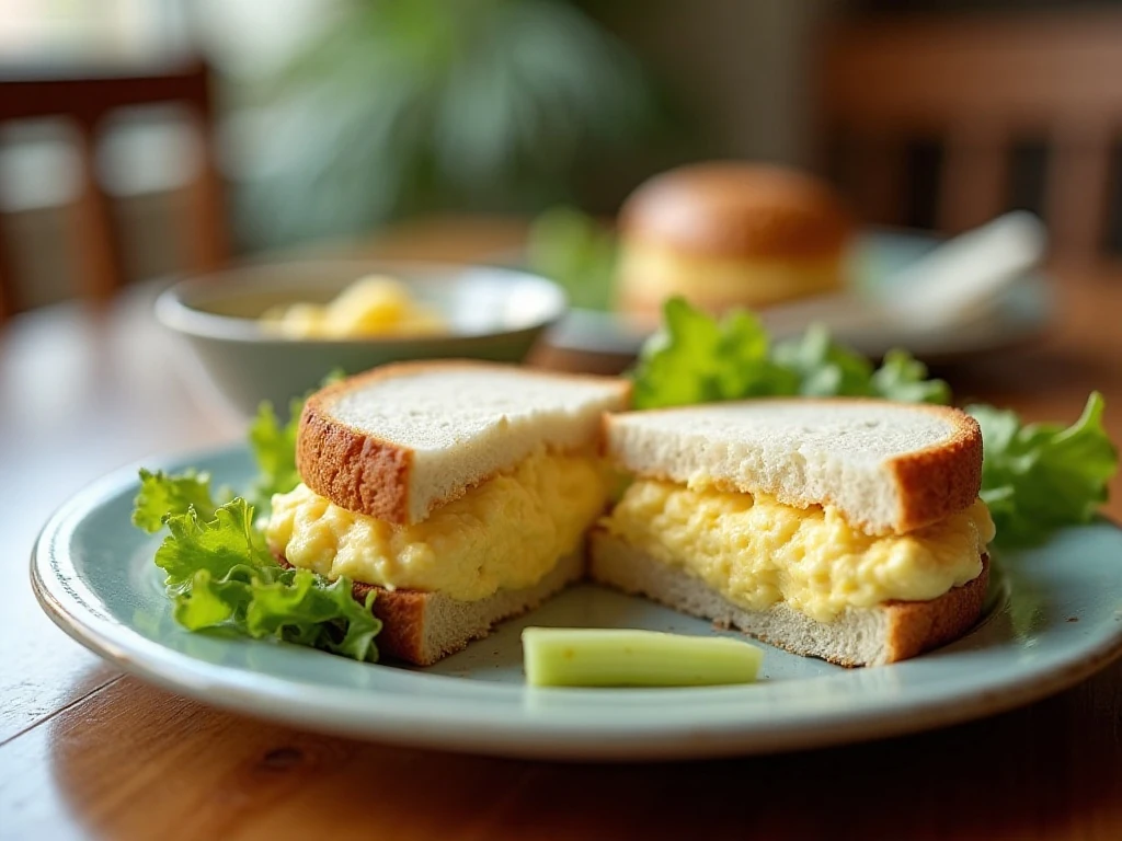 Classic egg salad sandwich served with lettuce on a vintage plate