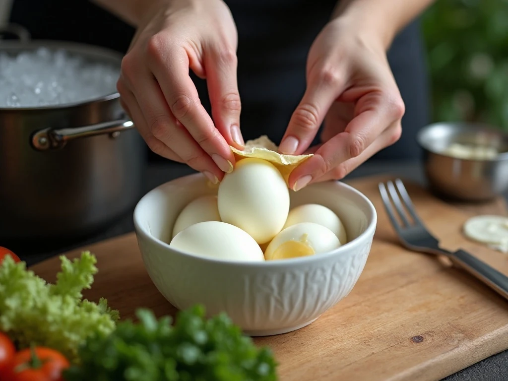 Peeling cooled eggs for homemade egg salad
