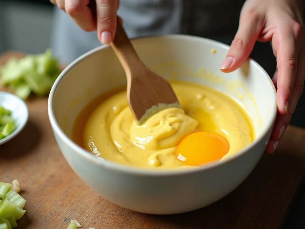 Mixing egg yolks with mayonnaise and mustard for creamy egg salad