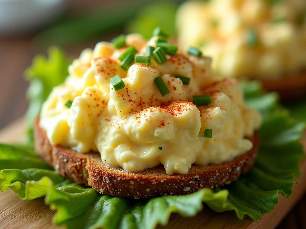 Egg salad served on toast and lettuce with paprika and chives