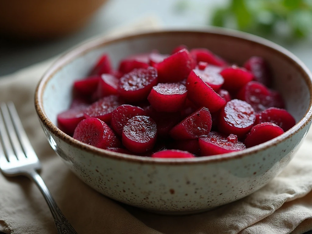 Sweet-and-sour pickled beet wedges served in a vintage bowl