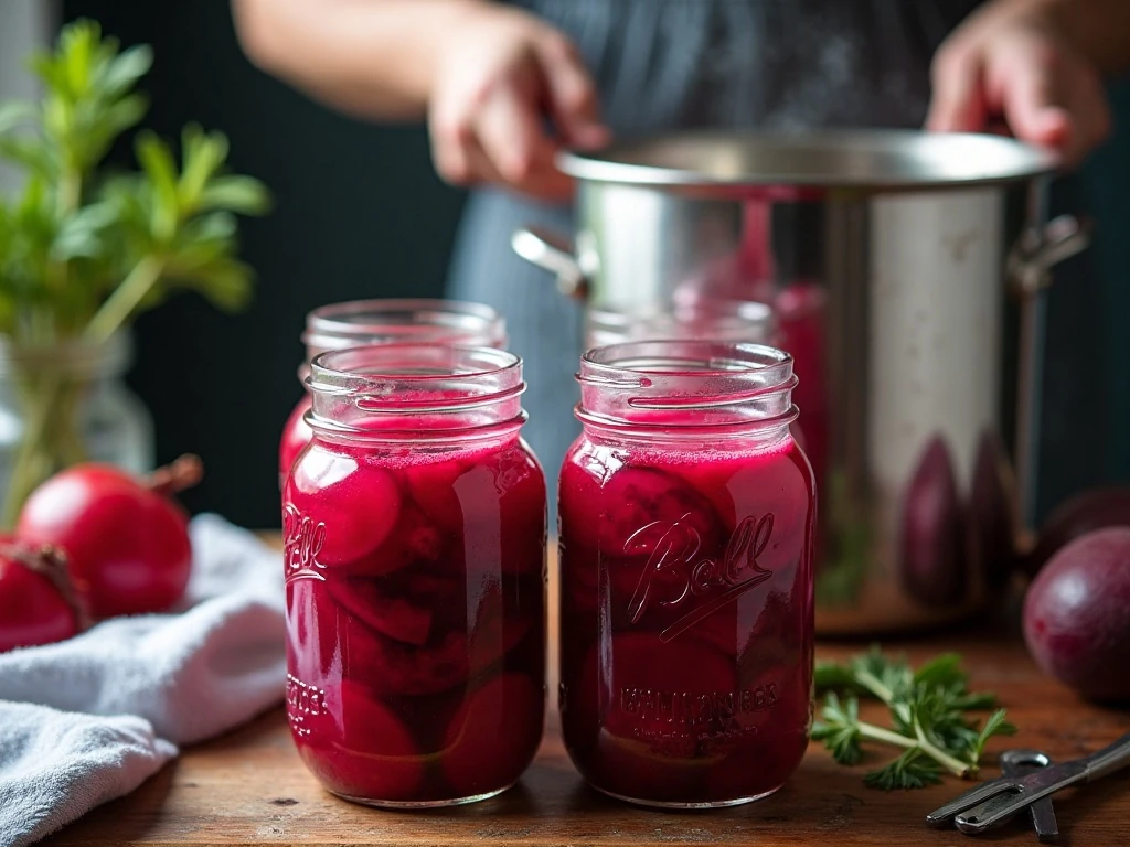 Pint jars of pickled beets prepared for water-bath canning