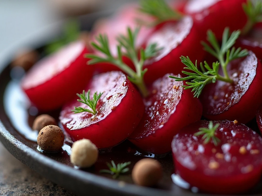 Chilled pickled beet rounds with fresh dill and spices