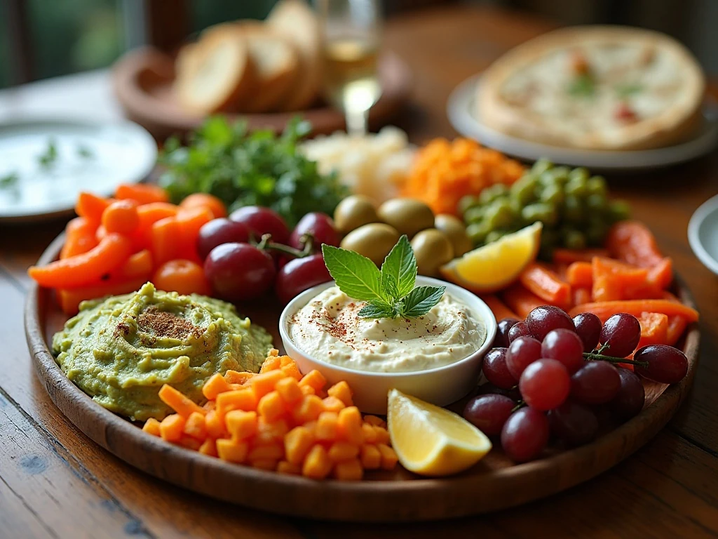 Greek appetizer snack tray with dips, feta, vegetables, olives, and pita