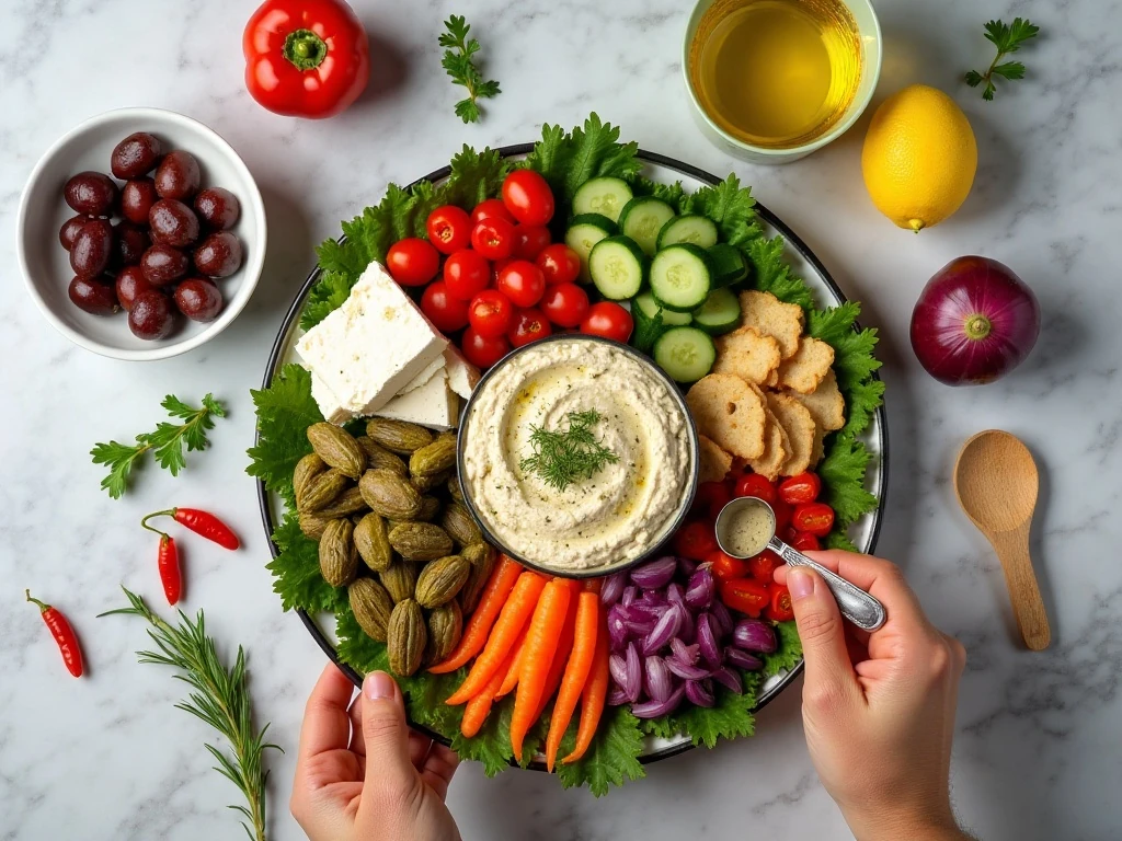 Ingredients for an easy Greek Mediterranean appetizer platter