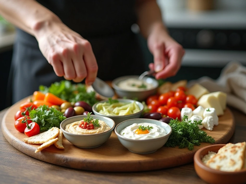 Assembling hummus, tzatziki, feta, vegetables, and pita for a Greek snack tray