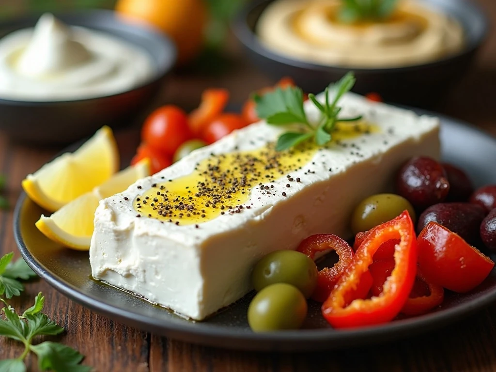Block feta with olive oil and oregano on a Greek mezze platter