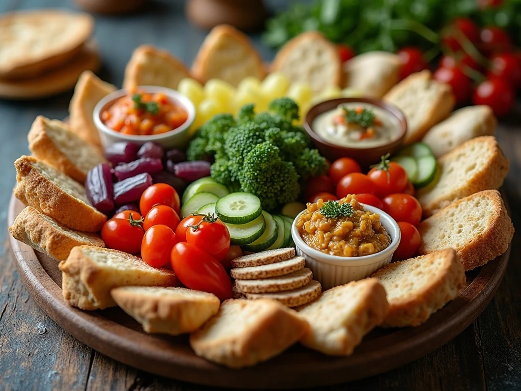Organized Mediterranean snack board with fresh vegetables and prepared foods