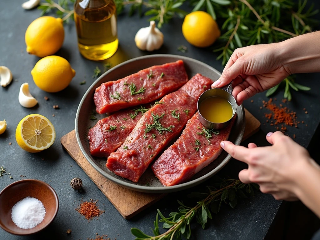 Ingredients for crispy Greek ribs including pork ribs, lemon, garlic, olive oil, and oregano