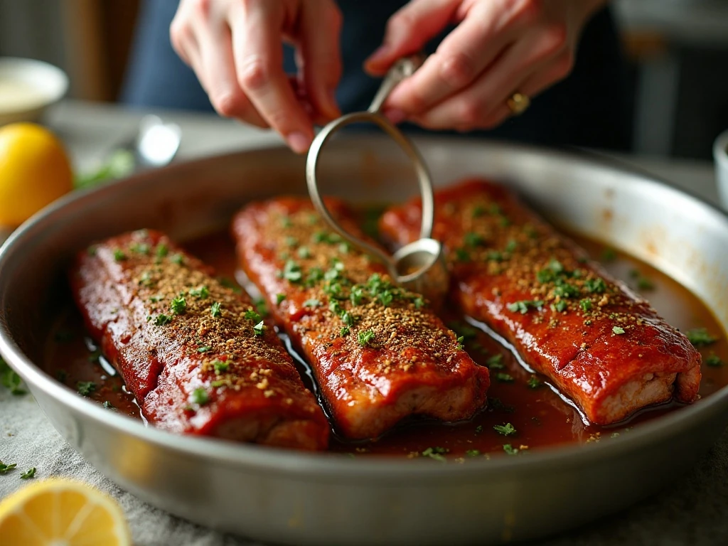 Pork ribs coated in Greek lemon garlic oregano marinade before roasting