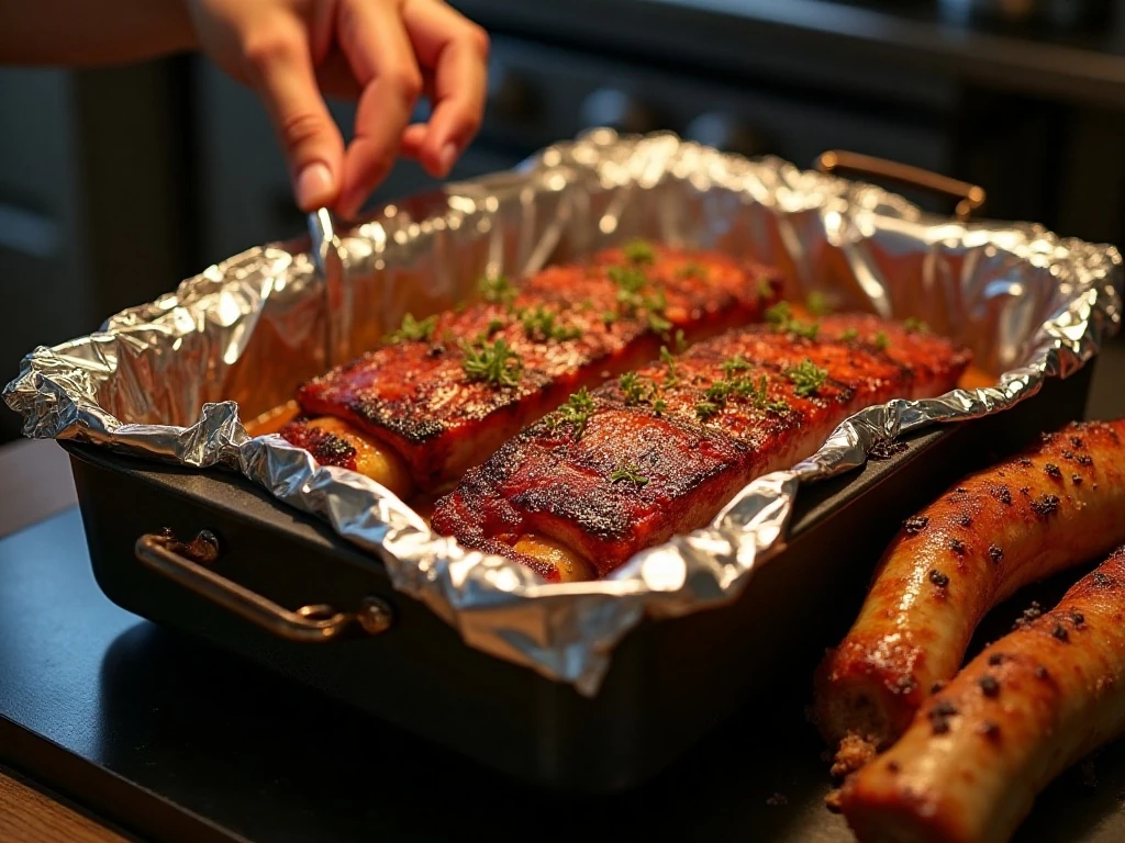 Tender Greek ribs browning uncovered for a crisp finish