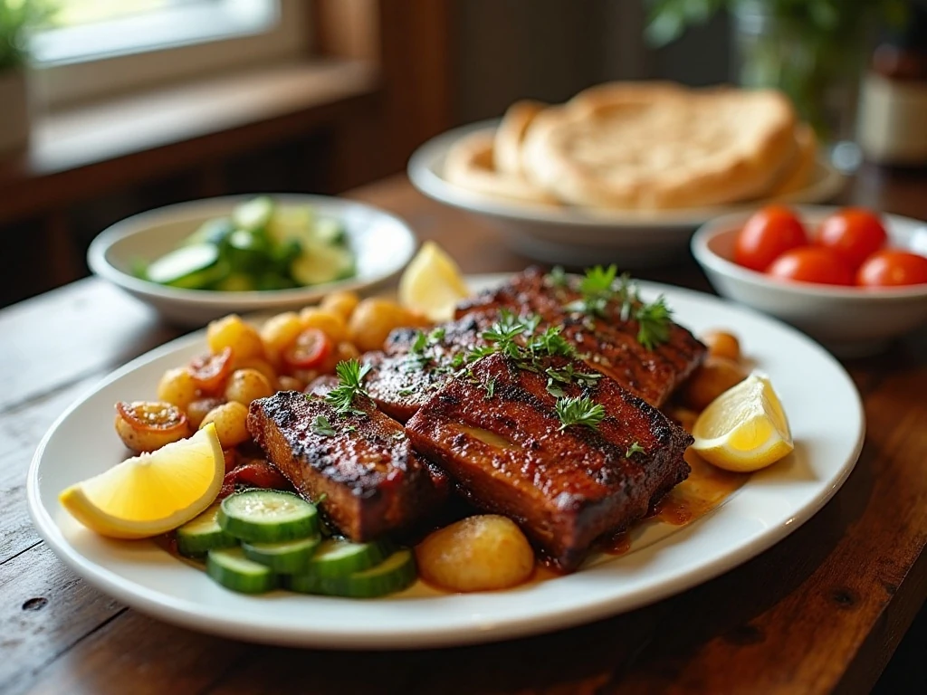 Crispy Greek ribs served with lemon wedges and Mediterranean side dishes