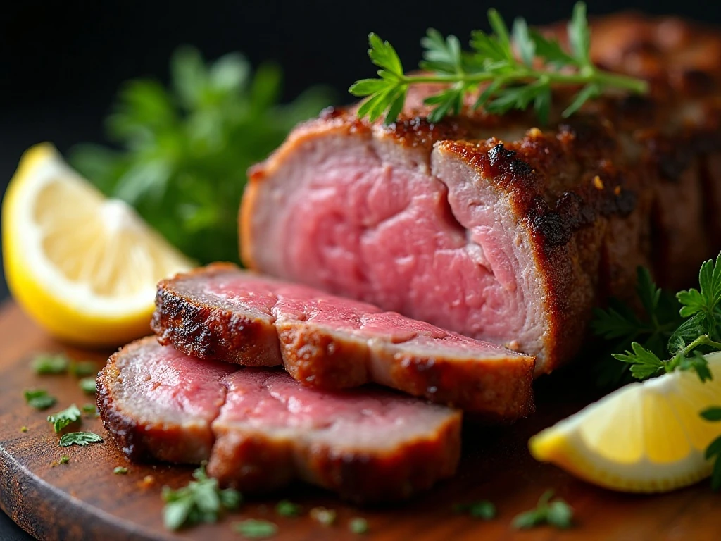 Close-up of juicy crispy Greek rib with lemon and oregano garnish