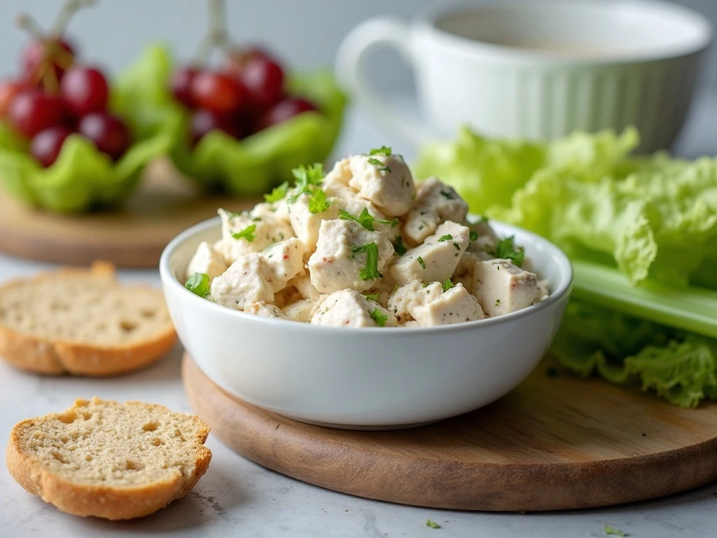 Creamy Greek yogurt chicken salad served with lettuce cups and whole-grain bread