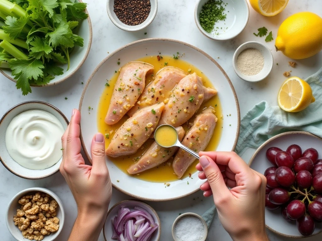 Ingredients for Greek yogurt chicken salad arranged for preparation