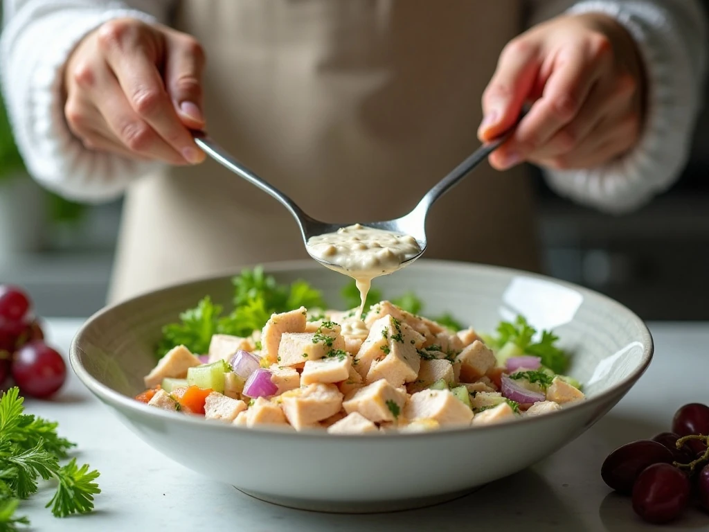 Greek yogurt chicken salad being gently mixed in a bowl