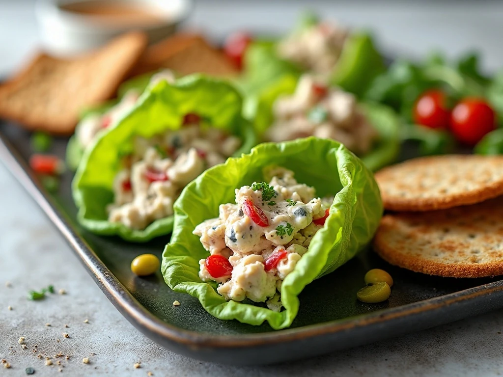 Greek yogurt chicken salad served three ways with lettuce, bread, and crackers